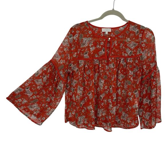 Lucky Brand Sheer Crepe Peasant Top size Small Red Floral Bell Sleeve Pullover - Picture 1 of 12
